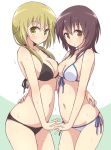  2girls asymmetrical_docking bikini black_bikini blonde_hair breast_press breasts brown_eyes brown_hair cleavage cowboy_shot eyebrows_visible_through_hair front-tie_bikini front-tie_top funami_yui hand_holding ichii_yui interlocked_fingers long_hair looking_at_viewer low_twintails medium_breasts medium_hair mel_(melty_pot) multiple_girls namesake navel okano_kei parted_lips seiyuu_connection side-tie_bikini swimsuit tsuda_minami twintails wet wet_hair white_bikini yellow_eyes yuru_yuri yuyushiki 