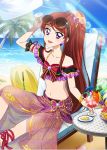  1girl aikatsu! aikatsu!_photo_on_stage!! beach beads bow brown_hair butterfly_hair_ornament chains cocktail cocktail_glass cup drinking_glass earrings food frills fruit hair_ornament holding holding_drinking_glass jewelry lace long_hair melon navel ocean palm_tree ponytail ribbon sand sarong shibuki_ran smile sunglasses sunlight surfboard table tree tropical_drink violet_eyes water watermelon 