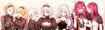  1boy 6+girls :d bare_shoulders blonde_hair blue_eyes blush bottle bracelet breasts cleavage cleavage_cutout devola flower green_eyes hair_between_eyes hair_flower hair_ornament headband highres jewelry large_breasts long_hair medium_breasts mole mole_under_mouth multiple_girls nier_(series) nier_automata ninto open_mouth operator_21o operator_6o popola redhead rose sake_bottle silver_hair smile upper_body yorha_no._2_type_b yorha_no._9_type_s yorha_type_a_no._2 