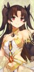  1girl bangs bare_shoulders black_hair bow breasts cleavage detached_collar detached_sleeves dress earrings eyebrows_visible_through_hair fate/grand_order fate_(series) hair_bow hoop_earrings ishtar_(fate/grand_order) jewelry long_hair medium_breasts navel navel_cutout parted_bangs red_eyes shovelwell single_sleeve smile solo strapless strapless_dress tohsaka_rin two_side_up white_dress 