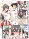  1boy 2girls admiral_(kantai_collection) bare_shoulders black_hair blush brown_eyes comic detached_sleeves epaulettes glasses gloves green-framed_eyewear grey_eyes hair_between_eyes hairband haruna_(kantai_collection) hat headgear highres japanese_clothes kantai_collection kirishima_(kantai_collection) long_hair long_sleeves multiple_girls navel nontraditional_miko open_mouth peaked_cap red_skirt ribbon-trimmed_sleeves ribbon_trim short_hair skirt speech_bubble suna_(sunaipu) sweat translation_request white_gloves wide_sleeves 