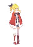  1girl absurdres blonde_hair blue_eyes blush boots bow capelet christmas dress drill_hair full_body fur_collar highres long_sleeves mosquito_coils panty_&amp;_stocking_with_garterbelt panty_(psg) plaid plaid_bow plaid_bowtie ponytail simple_background thigh-highs white_background wide_sleeves 
