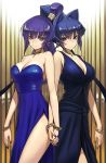  2girls alternate_costume back-to-back bangs bare_shoulders black_dress blue_dress blue_eyes blue_hair blue_nails blush bou bracelet breasts cleavage closed_mouth colored_eyelashes cowboy_shot dress earrings english fingernails folded_ponytail formal from_side hair_between_eyes hair_intakes hair_ornament hand_holding high_ponytail highres indoors jewelry koubuin_yuuhi large_breasts light_smile long_hair looking_at_viewer mitsurugi_meiya multiple_girls muvluv nail_polish necklace official_art ponytail purple_hair siblings side_slit sideboob sidelocks smile standing strapless strapless_dress twins very_long_hair violet_eyes 