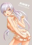  1girl apron butt_crack looking_at_viewer meme_attire ponytail rwby simple_background solo virgin_killer_sweater weiss_schnee white_hair 