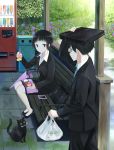  1boy 1girl bag black_eyes black_hair cat chopsticks eating fish highres looking_at_another necktie obentou original outdoors rain rice school_uniform short_hair sitting standing taka_(tsmix) umbrella 