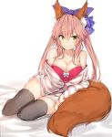  1girl animal_ears bangs bare_shoulders bed_sheet bikini bikini_top bikini_under_clothes black_legwear blush bow breasts casual cleavage closed_mouth collarbone commentary_request eyebrows_visible_through_hair fang fang_out fate/extra fate_(series) fox_ears fox_tail full_body hair_between_eyes hair_bow highres large_breasts leaning_to_the_side long_hair long_sleeves looking_at_viewer off_shoulder partially_unzipped pink_bikini_top pink_hair purple_bow sidelocks silver_(chenwen) simple_background sitting smile solo strapless strapless_bikini striped_jacket swimsuit tail tamamo_(fate)_(all) tamamo_no_mae_(fate) thighs tsurime twintails white_background yellow_eyes yokozuwari zipper 
