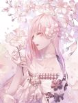  1girl bad_anatomy blue_eyes cherry_blossoms choker dress flower hair_flower hair_ornament highres holding holding_flower long_hair looking_at_viewer open_mouth original petals pink pink_hair seol side_glance upper_body wristband 