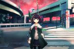  1girl black_hair blue_skirt eyebrows_visible_through_hair graffiti holding holding_sword holding_weapon looking_at_viewer original parted_lips road road_sign saebashi short_hair sign skirt solo sword traffic_light violet_eyes weapon 
