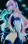  1girl akiyama_enma aqua_eyes arm_up armband belt black_background detached_sleeves headset long_hair looking_at_viewer megurine_luka multiple_belts nail_polish outstretched_leg pink_hair side_slit solo thigh-highs very_long_hair vocaloid 