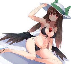  1girl bikini black_bikini bow breasts brown_hair cleavage front-tie_bikini front-tie_top green_bow halter_top halterneck hat hat_bow highres layered_bikini long_hair looking_at_viewer medium_breasts red_bikini red_eyes reiuji_utsuho sandals side-tie_bikini sitting skindentation solo string_bikini swimsuit third_eye touhou white_hat yusake_san 