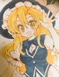  1girl :d blush bow bowtie breasts commentary hat highres hips kirisame_marisa long_hair mame_mochi marker_(medium) medium_breasts open_mouth puffy_short_sleeves puffy_sleeves short_sleeves smile solo thick_eyebrows touhou traditional_media tsurime vest waving witch_hat yellow_eyes 