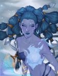  1girl blue_eyes blue_hair blue_skin breasts cleavage coralie_jubenot earrings final_fantasy final_fantasy_x ice impossible_clothes jewelry shiva_(final_fantasy) solo upper_body 