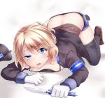  1girl all_fours armband ass blonde_hair blue_eyes commentary_request crawling cropped_jacket downblouse eyebrows_visible_through_hair gloves headwear_removed helmet helmet_removed highres holding holding_knife knife long_hair neit_ni_sei open_mouth original short_hair shorts solo sweatdrop thigh-highs trembling 