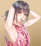  1girl adjusting_hair armpits arms_up bangs bare_shoulders black_eyes black_hair blush hair_tie kinoebi long_hair looking_at_viewer mouth_hold original oversized_clothes ponytail simple_background smile solo tank_top tying_hair 
