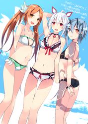  3girls absurdres adapted_costume ahoge arm_behind_back arm_behind_head arm_grab arm_up arms_behind_back artist_name ass bare_shoulders bikini blue_eyes blue_hair blush bracelet breasts brown_eyes butt_crack choker cleavage collar collarbone dutch_angle gem hair_between_eyes hair_ornament hairband heterochromia highres horns io_(pso2) jewelry kurebayashi_noe long_hair looking_at_viewer matoi_(pso2) medium_breasts multiple_girls navel open_mouth orange_eyes orange_hair parted_lips phantasy_star phantasy_star_online_2 quna_(pso2) red_eyes round_teeth short_hair small_breasts smile standing swimsuit teeth translated twintails white_hair 