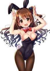  1girl absurdres animal_ears bare_shoulders blue_ribbon blush bow breasts brown_eyes brown_hair brown_legwear bunny_girl bunny_tail bunnysuit collarbone covered_navel detached_sleeves embarrassed fake_animal_ears hair_bow highres idolmaster idolmaster_cinderella_girls large_breasts leaning_forward leotard looking_at_viewer off_shoulder open_mouth pantyhose playboy_bunny_leotard rabbit_ears rariemonn ribbon shimamura_uzuki shiny shiny_skin side_ponytail simple_background tail thigh_gap wavy_hair 