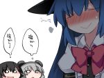  3girls :&gt; animal_ears black_hair blue_hair bow closed_eyes commentary grey_hair hammer_(sunset_beach) hinanawi_tenshi long_hair mouse_ears multiple_girls nazrin open_mouth short_hair smile touhou translated 