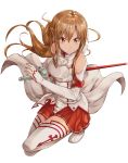  &gt;:( 1girl armor asuna_(sao) boots braid breastplate brown_eyes brown_hair closed_mouth commentary_request detached_sleeves fighting_stance floating_hair french_braid full_body long_hair long_sleeves looking_away looking_to_the_side one_knee pleated_skirt rapier red_skirt serious sheath sheathed shiny shiny_hair sidelocks simple_background skirt sleeveless sleeves_past_wrists solo sword sword_art_online takahan thigh-highs thigh_boots uniform unsheathing weapon white_background white_boots zettai_ryouiki 