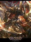  3boys armor axe battle beard caicaixiong chainmail clenched_hand facial_hair gauntlets glowing glowing_eyes helmet highres lance lens_flare minotaur multiple_boys official_art open_mouth polearm red_eyes shingeki_no_bahamut standing sword watermark weapon 