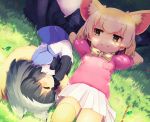  2girls animal_ears black_hair blonde_hair blush bow bowtie closed_eyes common_raccoon_(kemono_friends) day eyebrows_visible_through_hair fennec_(kemono_friends) fox_ears fox_tail gradient_hair grass grey_hair half-closed_eyes kemono_friends lying multicolored_hair multiple_girls on_back on_side outdoors pantyhose pleated_skirt raccoon_ears raccoon_tail saebashi short_hair skirt smile tail thigh-highs two-tone_hair white_legwear zettai_ryouiki 