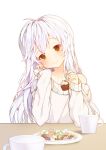  1girl blueberry blush butter cake cherry coffee_mug collarbone cup eyebrows_visible_through_hair food fruit highres holding holding_spoon long_hair looking_at_viewer original pancake plate pov smile solo strawberry sweater table teacup tp_(kido_94) whipped_cream white_hair yellow_eyes 