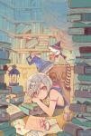  1girl animal apple book_stack candle coffee coffee_cup food fruit glasses glasses_removed grey_hair hair_ornament hairclip hat highres kuroyuki lantern looking_at_viewer original paper purple_hat raccoon red_eyes short_hair solo witch_hat 