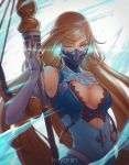  1girl armpit_peek artist_name bangs bare_shoulders black_dress blonde_hair blurry breasts bridal_gauntlets cleavage cleavage_cutout commentary covered_mouth dress elbow_gloves elegy_(granblue_fantasy) furrowed_eyebrows gloves glowing granblue_fantasy grey_background holding holding_staff kerchief koyorin long_hair looking_at_viewer magic mask medium_breasts motion_blur one_eye_closed simple_background sleeveless sleeveless_dress solo staff swept_bangs very_long_hair white_gloves yellow_eyes 