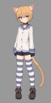  &gt;:( 1boy animal_ears black_gloves black_shorts blue_eyes boots brown_hair cat_ears cat_tail collar frown full_body gloves grey_background highres looking_at_viewer male_focus original shirt shone short_hair short_shorts shorts simple_background solo standing striped striped_legwear tail thigh-highs 