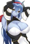  1girl armpits arms_behind_head arms_up bangs bare_shoulders black_sclera blue_hair blue_skin breasts cleavage cleavage_cutout closed_mouth commentary_request demon_girl demon_horns detached_sleeves dress hair_between_eyes hair_ornament hair_ribbon hair_tie highres horns large_breasts looking_at_viewer low_ponytail mouth_hold onineko-chan original red_ribbon ribbon simple_background sleeveless smile solo tying_hair upper_body white_background wide_sleeves yellow_eyes 