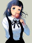 1girl black_hair blue_eyes candy_apple eating food highres long_hair looking_at_viewer masao mole mole_under_eye original simple_background solo standing tongue tongue_out 