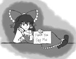  &gt;:/ 1girl :/ annoyed censored_text dabogon detached_sleeves english greyscale hakurei_reimu holding holding_sign jitome long_hair long_skirt looking_at_viewer lying monochrome on_side parody profanity ribbon-trimmed_sleeves ribbon_trim shoes sign skirt skirt_set solo touhou vest wavy_hair 