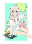  &gt;:( 1girl absurdres artist_request blue_eyes blush bow character_name clothes_writing eromanga_sensei hair_bow heart heart-shaped_pupils highres izumi_sagiri long_hair looking_at_viewer nose_blush pink_bow shirt silver_hair sitting solo strap_slip stuffed_animal stuffed_bunny stuffed_frog stuffed_octopus stuffed_toy stylus symbol-shaped_pupils t-shirt tablet teddy_bear tsundere 