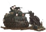  5boys boyd_swan chibi commentary dakku_(ogitsune) dark_skin dirty don_collier explosion facial_hair fury_(movie) goatee goggles goggles_on_headwear grady_travis grimace ground_vehicle helmet m4_sherman military military_vehicle motor_vehicle mud multiple_boys mustache norman_ellison open_mouth panzerfaust shell_casing sweatdrop tank trini_garcia white_background world_war_ii 