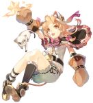  1girl :d animal_ears bangs belt black_legwear boots brown_hair capelet cat cat_ears cat_tail cats_brain frills kneehighs knees_together_feet_apart mismatched_legwear mittens open_mouth orange_eyes original simple_background smile solo star striped striped_legwear tail teeth white_background 
