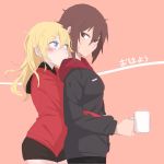  2girls alternate_costume alternate_hairstyle artist_request blue_eyes blush brown_hair coffee_mug darjeeling girls_und_panzer hood hoodie hug hug_from_behind long_hair messy_hair multiple_girls nishizumi_maho pink_background short_hair shorts sketch sweatdrop translated 