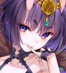  1girl :p bare_shoulders close-up eyebrows_visible_through_hair eyeliner fangs_out fate/grand_order fate_(series) finger_to_mouth hair_ornament head_tilt hikimayu horns kaguyuzu looking_at_viewer makeup naughty_face pinky_out purple_hair short_hair shuten_douji_(fate/grand_order) smile solo tongue tongue_out upper_body violet_eyes 