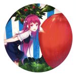  10s 1girl apple apple_tree arms_behind_back bangs bitten_apple blue_eyes copyright_name food from_side fruit grisaia_(series) grisaia_no_kajitsu heiwari_kanade highres leaning_forward long_hair looking_at_viewer open_mouth oversized_object purple_hair saliva saliva_trail school_uniform sidelocks smile solo suou_amane tree very_long_hair 