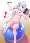  ! 1girl ball bare_legs barefoot bikini blue_eyes bow breasts eromanga_sensei exercise_ball eyebrows_visible_through_hair feet gradient gradient_background hair_bow highres izumi_sagiri leaning_back long_hair mu-pyon navel open_mouth outstretched_arm pink_bikini sidelocks silver_hair simple_background small_breasts soles solo spoken_exclamation_mark stylus swimsuit tablet toes wavy_mouth 