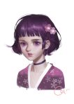  1girl choker commentary_request face flower ginxiee hair_flower hair_ornament highres looking_at_viewer nose purple_choker purple_hair short_hair simple_background solo upper_body violet_eyes white_background 