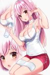  1girl blush breasts choker cleavage dripping dutch_angle fate/grand_order fate_(series) gendo0032 hair_tucking hairband long_hair looking_at_viewer medb_(fate/grand_order) medium_breasts open_mouth ramune short_shorts shorts simple_background solo sweat sweating tank_top towel zoom_layer 