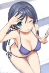  1girl ;d aqua_eyes arm_up armpits bangs bare_arms bare_shoulders between_fingers bikini blush breasts card cleavage collarbone commentary_request eyebrows_visible_through_hair from_above grin hair_ornament hair_scrunchie holding holding_card large_breasts long_hair looking_at_viewer looking_up love_live! love_live!_school_idol_project low_twintails one_eye_closed open_mouth parted_bangs poolside purple_bikini purple_hair purple_ribbon ribbon salute scrunchie side-tie_bikini sitting smile soaking_feet solo stairs string_bikini swimsuit takayaki tareme teeth thigh_gap toujou_nozomi twintails very_long_hair 