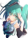  1girl aqua_eyes aqua_hair bare_shoulders blue_nails blue_necktie blush breasts detached_sleeves domo1220 eyebrows_visible_through_hair hatsune_miku highres long_hair looking_at_viewer medium_breasts microphone nail_polish necktie solo twintails vocaloid 