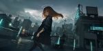  1girl billboard brown_eyes brown_hair building city clouds cloudy_sky coat crane dutch_angle from_side halo holding holding_staff light_frown lm7_(op-center) looking_at_viewer original radio_antenna rooftop sky skyscraper solo staff wind 