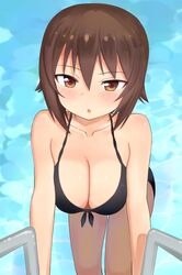  1girl :o bare_shoulders bikini black_bikini blush breasts brown_eyes brown_hair cleavage collarbone front-tie_bikini front-tie_top girls_und_panzer highres kemu_(guruguru_dan) large_breasts leaning_forward looking_at_viewer nishizumi_maho open_mouth pool_ladder poolside shiny shiny_hair shiny_skin short_hair solo swimsuit water 