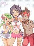  1boy 2girls black_hair dark_skin dark_skinned_male earrings flower green_eyes green_hair hair_flower hair_ornament hands_clasped island_kahuna jewelry kaki_(pokemon) long_hair lychee_(pokemon) mallow_(pokemon) mei_(maysroom) multiple_girls nail_polish navel neck_ring necklace one_eye_closed open_mouth overalls pink_shorts pokemon pokemon_(anime) pokemon_sm_(anime) red_shorts redhead shirt short_hair short_shorts shorts sleeveless sleeveless_shirt spiky_hair trial_captain twintails 