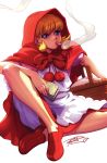  1girl apron basket blonde_hair blue_eyes bulleta capelet cigarette dress full_body highres mary_janes money red_dress red_hood red_shoes robert_porter shoes short_hair signature sitting smoking solo vampire_(game) 