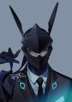  1boy animal_ears black_gloves black_jacket black_necktie blue_ribbon collared_shirt covered_mouth cyborg dress_shirt formal furrowed_eyebrows genji_(overwatch) gloves glowing glowing_eyes green_eyes grey_background hand_up helmet holding_ribbon jacket long_sleeves male_focus necktie neon_trim overwatch psd rabbit_ears ribbon shirt simple_background suit white_shirt wing_collar 