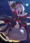  1girl arm_support bare_shoulders belt black_legwear blush book brown_eyes fate/grand_order fate_(series) flat_chest hat helena_blavatsky_(fate/grand_order) holding holding_book legs_crossed looking_at_viewer moon night off_shoulder open_mouth purple_hair short_hair sitting sky smile solo star_(sky) starry_sky strapless thigh-highs tsuru_(clainman) ufo 