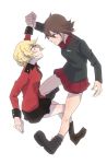  2girls blonde_hair blush boots braid brown_eyes brown_hair darjeeling eye_contact french_braid girls_und_panzer kuromorimine_military_uniform looking_at_another multiple_girls nishizumi_maho short_hair sketch skirt st._gloriana&#039;s_military_uniform white_background wrist_grab 