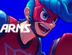  1boy arms_(game) blue_background blue_eyes blue_hair boxing_gloves close-up copyright_name domino_mask male_focus mask masshi pompadour simple_background smile spring_man_(arms) toaster_(arms) 
